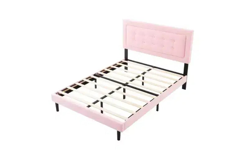 Struttura letto imbottita queen-size grigia/rosa, per 1 persona, con doghe in legno