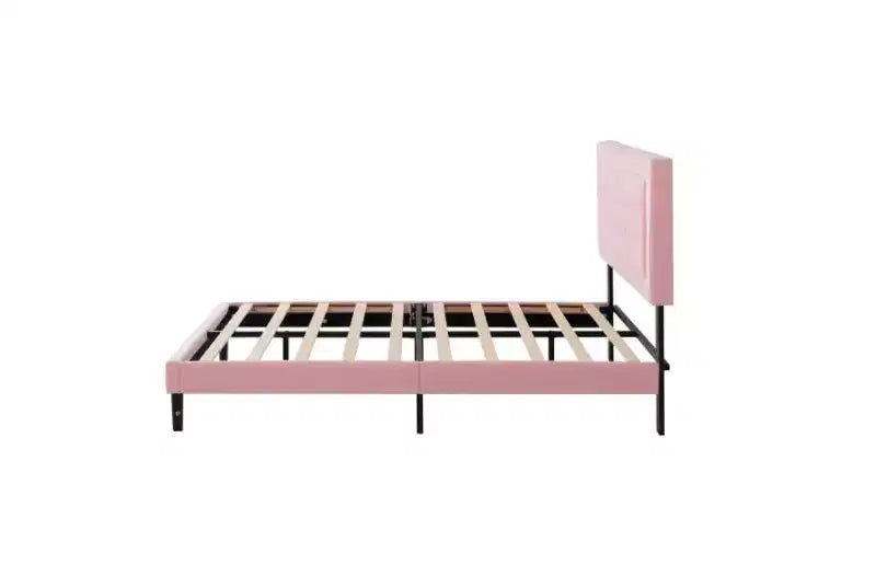 Struttura letto imbottita queen-size grigia/rosa, per 1 persona, con doghe in legno