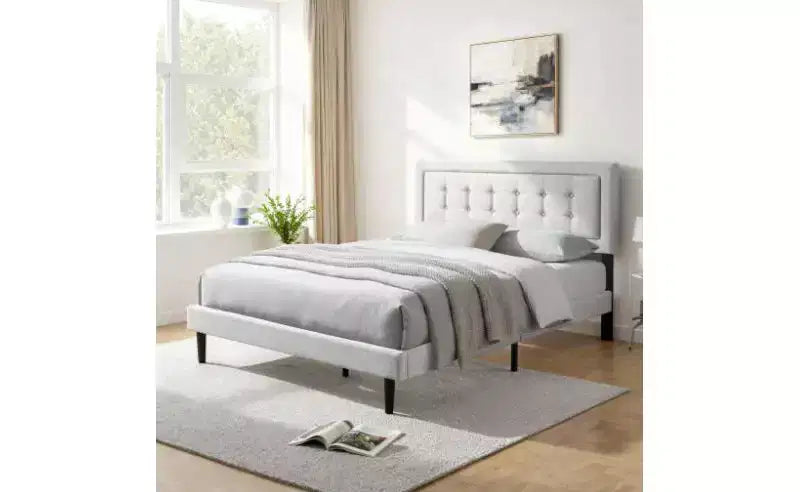 Struttura letto imbottita queen-size grigia/rosa, per 1 persona, con doghe in legno