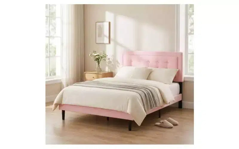 Struttura letto imbottita queen-size grigia/rosa, per 1 persona, con doghe in legno