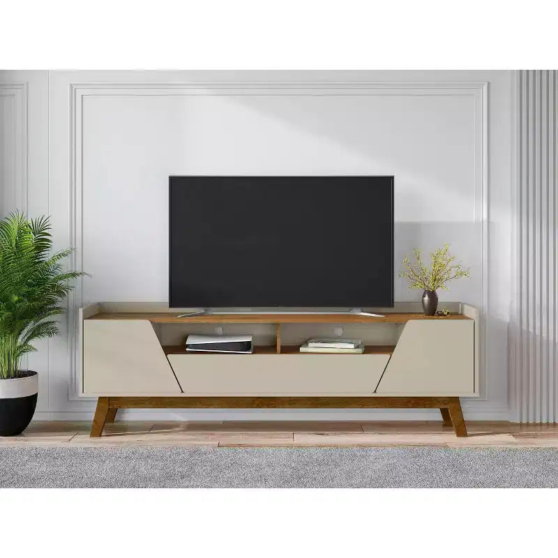 Mobile TV beige moderno di metà secolo, 4 ripiani, adatto a TV fino a 70"