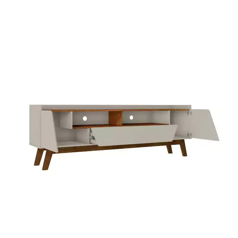 Mobile TV beige moderno di metà secolo, 4 ripiani, adatto a TV fino a 70"