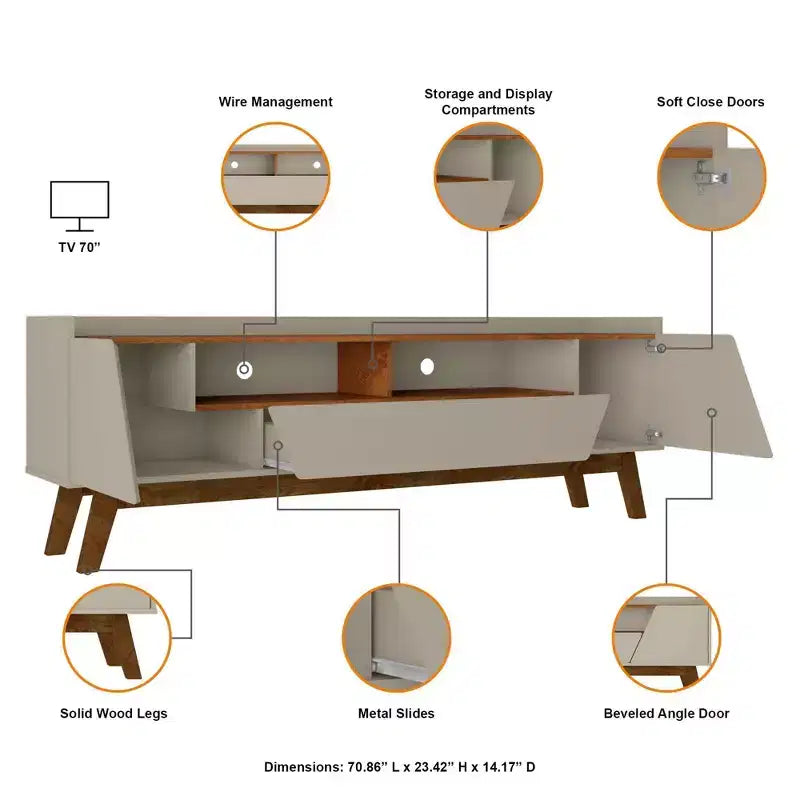 Mobile TV beige moderno di metà secolo, 4 ripiani, adatto a TV fino a 70"
