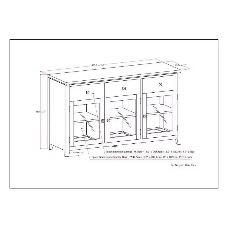Credenza a 3 ante e 3 cassetti marrone sella/bianco medio