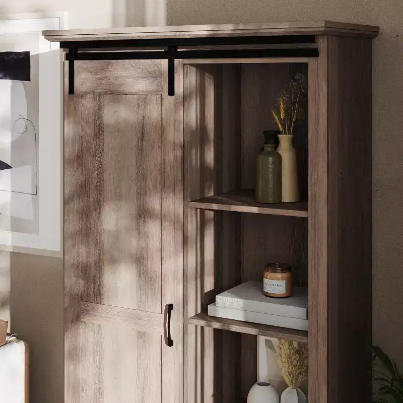 Mobiletto contenitore rustico da fattoria nero/grigio sbiancato/bianco con porta scorrevole "a granaio" – Montaggio per 1 persona
