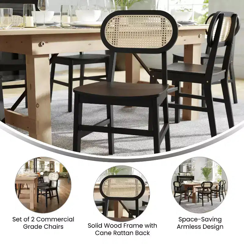 Sedia da pranzo in rattan nero, set da 2