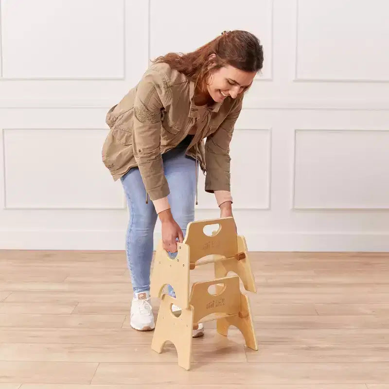 Sedia impilabile in legno per bambini, con schienale a pioli, finitura grigia/naturale/bianca, 1 posto, confezione da 2 pezzi