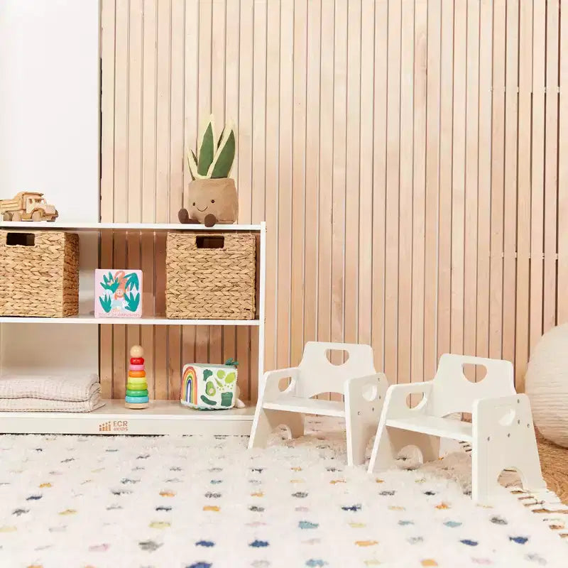Sedia impilabile in legno per bambini, con schienale a pioli, finitura grigia/naturale/bianca, 1 posto, confezione da 2 pezzi