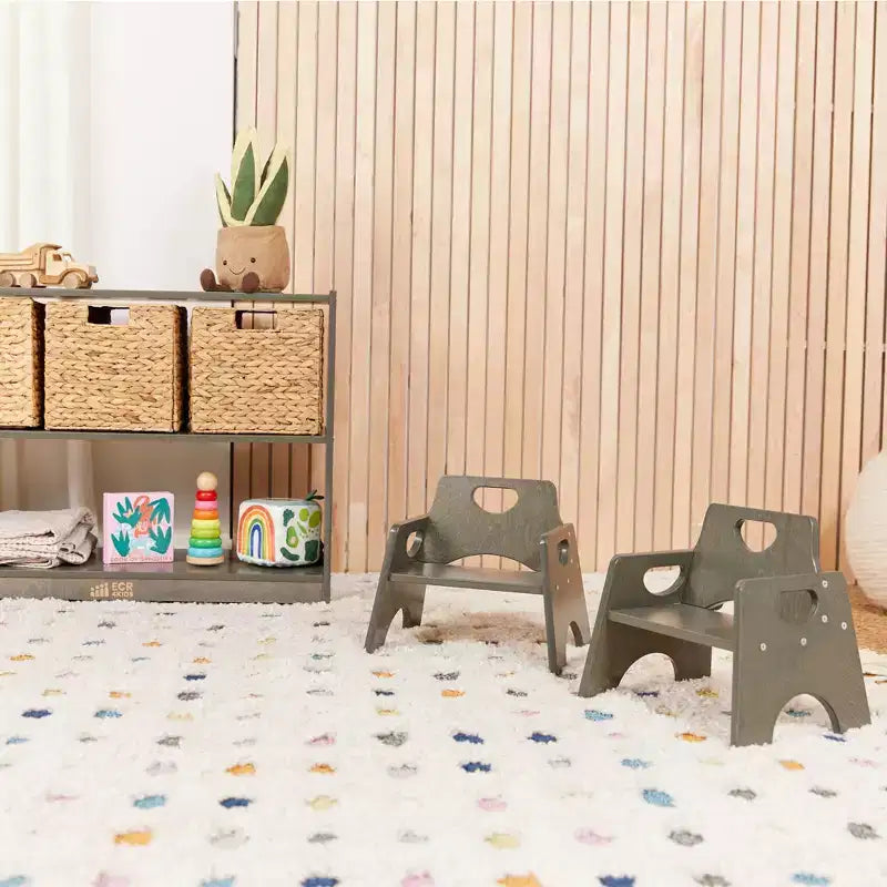 Sedia impilabile in legno per bambini, con schienale a pioli, finitura grigia/naturale/bianca, 1 posto, confezione da 2 pezzi